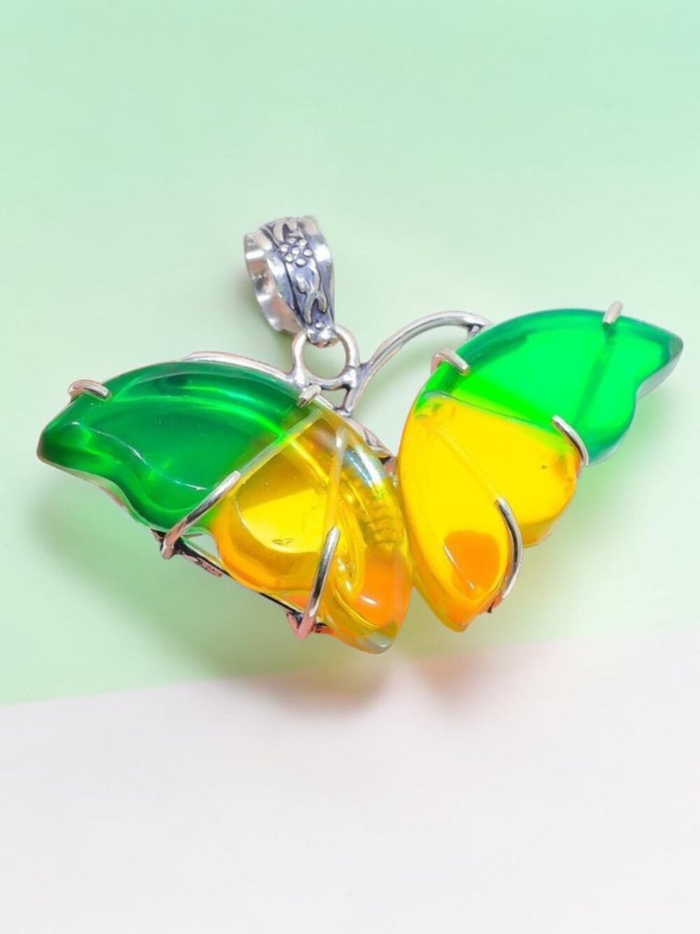 Butterfly- Bi-Color Tourmaline Gemstone Handmade Pendant 1.77"